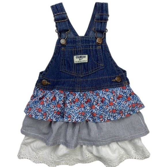 OshKosh B'gosh Floral Tiered Denim Jumper Dress size 18 Months - Picture 2 of 10